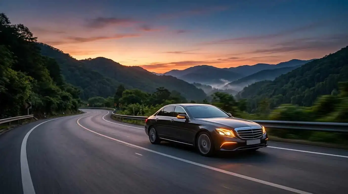 Dark saloon car driving along a winding road at sunset