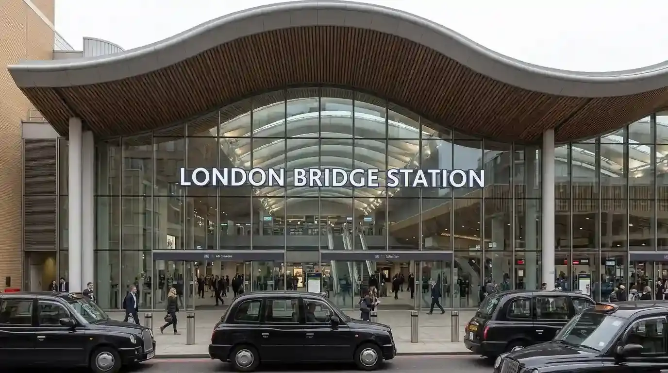 Entrance to London Bridge station with taxis waiting outside
