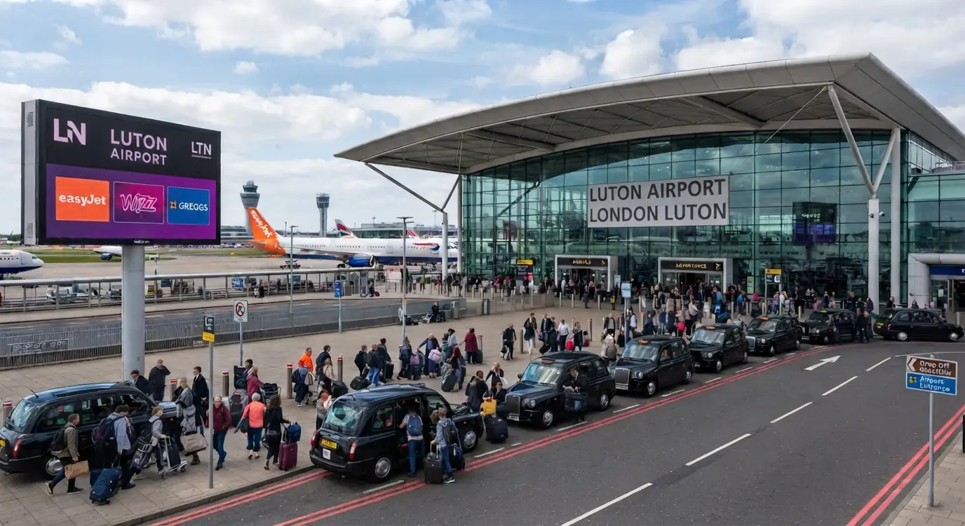 Busy drop-off area outside the London Luton Airport terminal