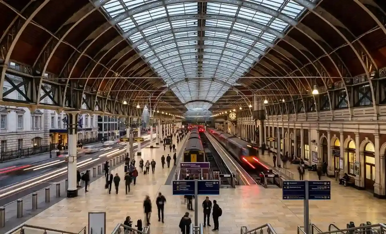 Platforms under the arched glass roof of Paddington station